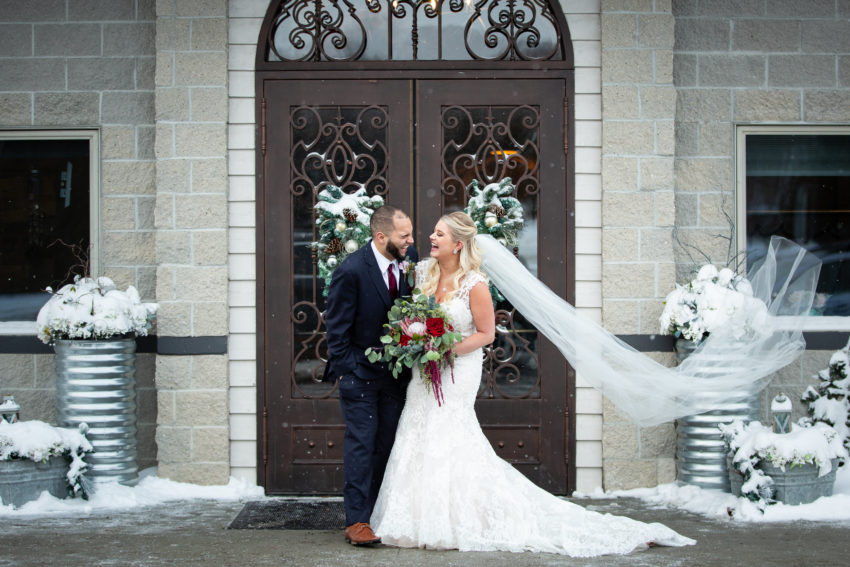 Bride and groom portrait outside Terrace 167 in Richfield, WI